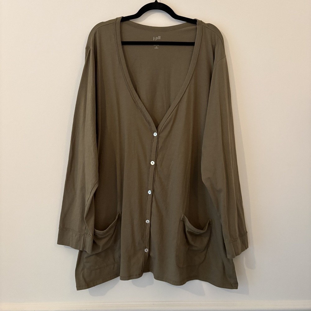 J Jill Summers Edge Long Cardigan Olive Green 4X Stretch Minimalist Lagenlook